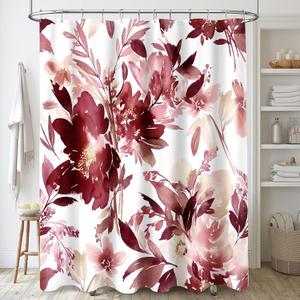 Burgundy Red Floral Shower Curtain, Watercolor Flower Shower Curtain for Bathroom, Modern Abstract Ink Decorative Fabric Shower Curtain Set with Hooks 72x72