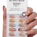 BTArtbox Press On Nails Short - Lamp-Curable Summer Colorful French Tip Almond Press On Nails with Glue for Women, Semi-Transparent Soft Gel Glue On Nails in 16 Sizes - 32 Stick On Nails Kit, Cha-Cha