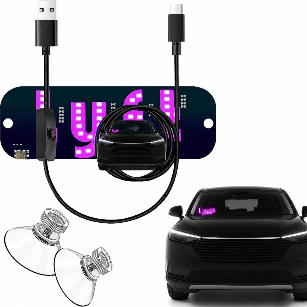 LED Sign for Car Windshield — Ultra Bright Taxi Rideshare Light, USB Plug & Play with Strong Suction Cup Mount, Lightweight Display Panel for Professional Drivers (Pink)