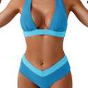 B2prity Women Halter Bikini Sets Sexy Deep V Neck Two Piece Swimsuits Color Block Bottom (Blue, L)