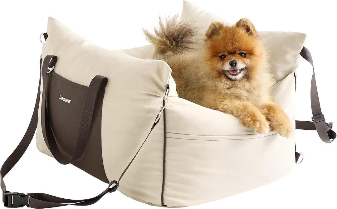 Lesure Small Dog Car Seat for Small Dogs - Waterproof Dog Booster Car Seat with Storage Pockets, Clip-On Safety Leash and Thickened Memory Foam Filling, Pet Carseat Puppy Travel Carrier Bed, Beige