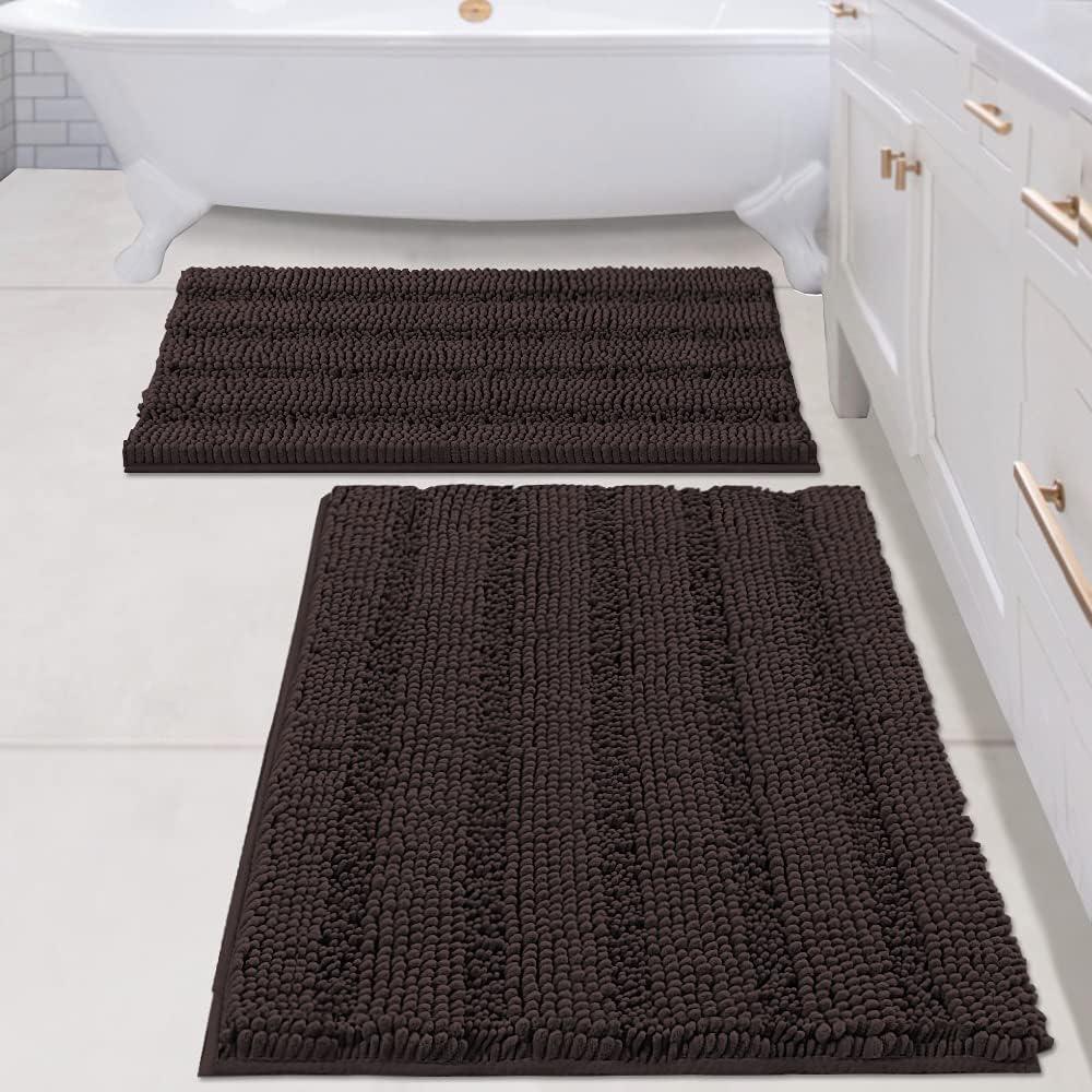 H.VERSAILTEX 2 Piece Bathroom Set - Super Absorbent Chenille Striped Bath Mats - Non Skid, Machine Washable - Chocolate, 24 x 36 Plus 20 x 32 Inches