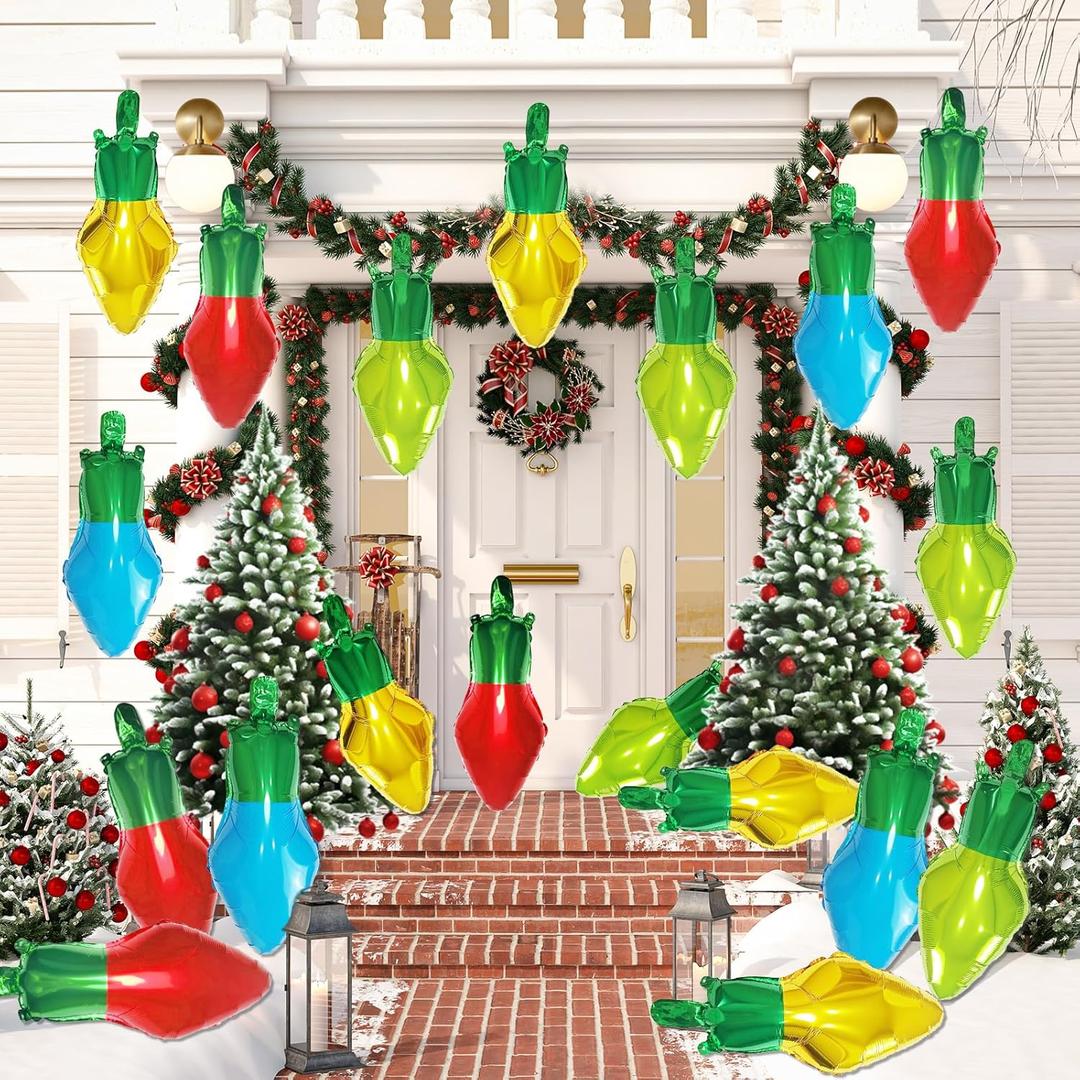 32 Pcs Multicolored Christmas Light Balloons, 18 Inch Xmas Light Bulb Foil Balloons for Christmas Holiday Birthday Party Decoration Led Balloons