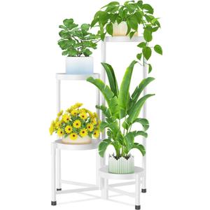 iDavosic.ly Plant Stand Indoor Outdoor, 4 Tier Corner Metal Flower Display Holder Shelf, Easy Assembly Folding Tall Orchid Rack for Patio Balcony Porch Garden Living Room House, White