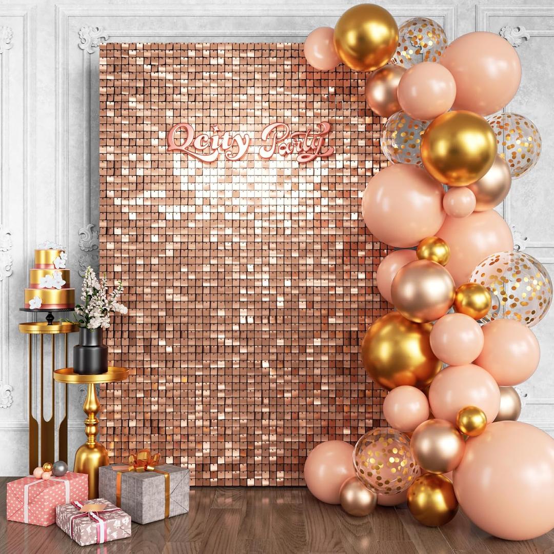 Qcity Rose Gold Shimmer Wall Backdrop 24PCS, Black Back Not See-Through Design, Square Sequin Glitter Backdrop Panel, Perfect for Outdoor Events, Birthdays, Wedding and Party Decoration