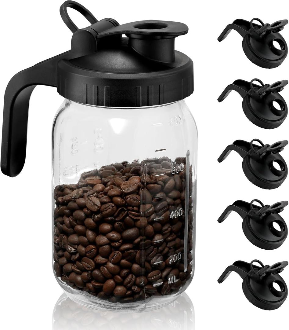 Wide Mouth Mason Jar Lids with Handle 6 Pack Black, Plastic Mason Jar Pour Spout Lid, Reusable Flip Cap Lid, Canning Lids with Leak-proof Airtight Seal (Jar Not Included)
