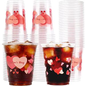 50 Pcs 12oz Valentine's Day Plastic Cups Clear Disposable Cups with Pink Hearts | Valentine Party Cups, Galentine's, Party Supplies, Bulk Drinkware
