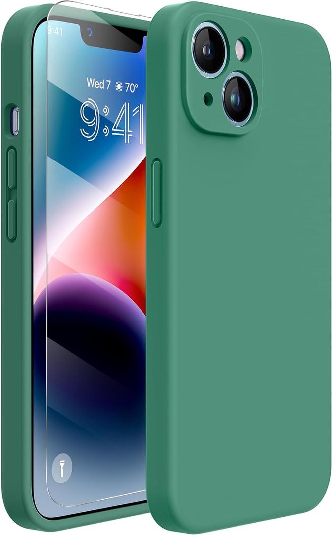 Miracase Designed for iPhone 14 Case with Screen Protector,[Upgraded Enhanced Camera Protection],Shockproof Liquid Silicone Case with Microfiber Lining, 6.1 inch,Acacia Green