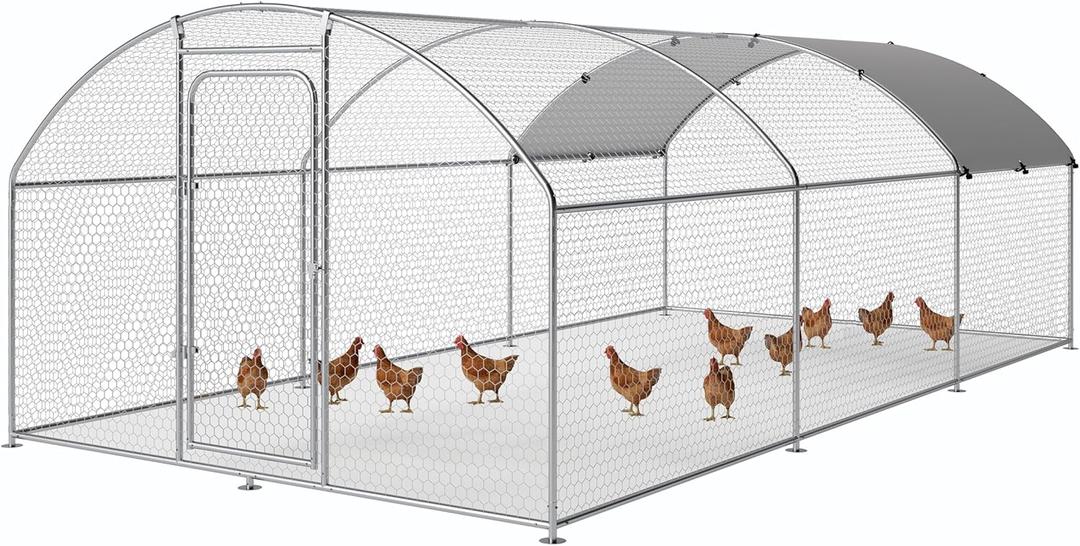 Large Metal Chicken Coop, Chicken Pen Walk in Chicken Run for Duck Rabbit Habitat Flat Shaped Poultry Cage with Waterproof Cover for Outdoor Farm Use, Dome Roof(10' L x 19.7' W x 6.4' H)