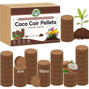 Halatool 55 Pcs Compressed Coco Coir Pellets, Seed Starter Soil Pellets for Indoor Potted Plants, Made from 100% Organic Coconut Coir for 3X Water Retention & Enhanced Aeration, Beginner-Friendly (30 mm)