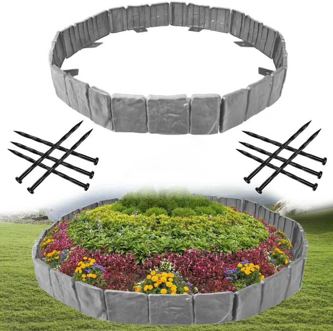 Garden Edging Border with Anchoring Spikes,Plastic Landscape Edging Border Imitation Stone Fence for DIY Outdoor Yard Landscaping (20pcs/16 FT, Gray)