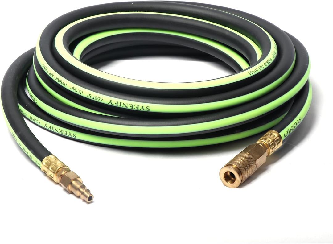 SYEENIFY Air Hose 3/8 in x 25 ft, Thickened 5 Layers Heavy Duty, Kink Resistant, 450PSI Hybrid Air Compressor Hose All-Weather Flexibility with 1/4" Industrial High Flow Quick Brass Coupler and Plug