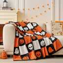 Snuggle Sac Halloween Throw Blanket Orange Pumpkin Blanket with Ghost Skull,Soft Cozy Black White Checkered Luxury Decoration Blanket for Couch Sofa Bed,5060 inches