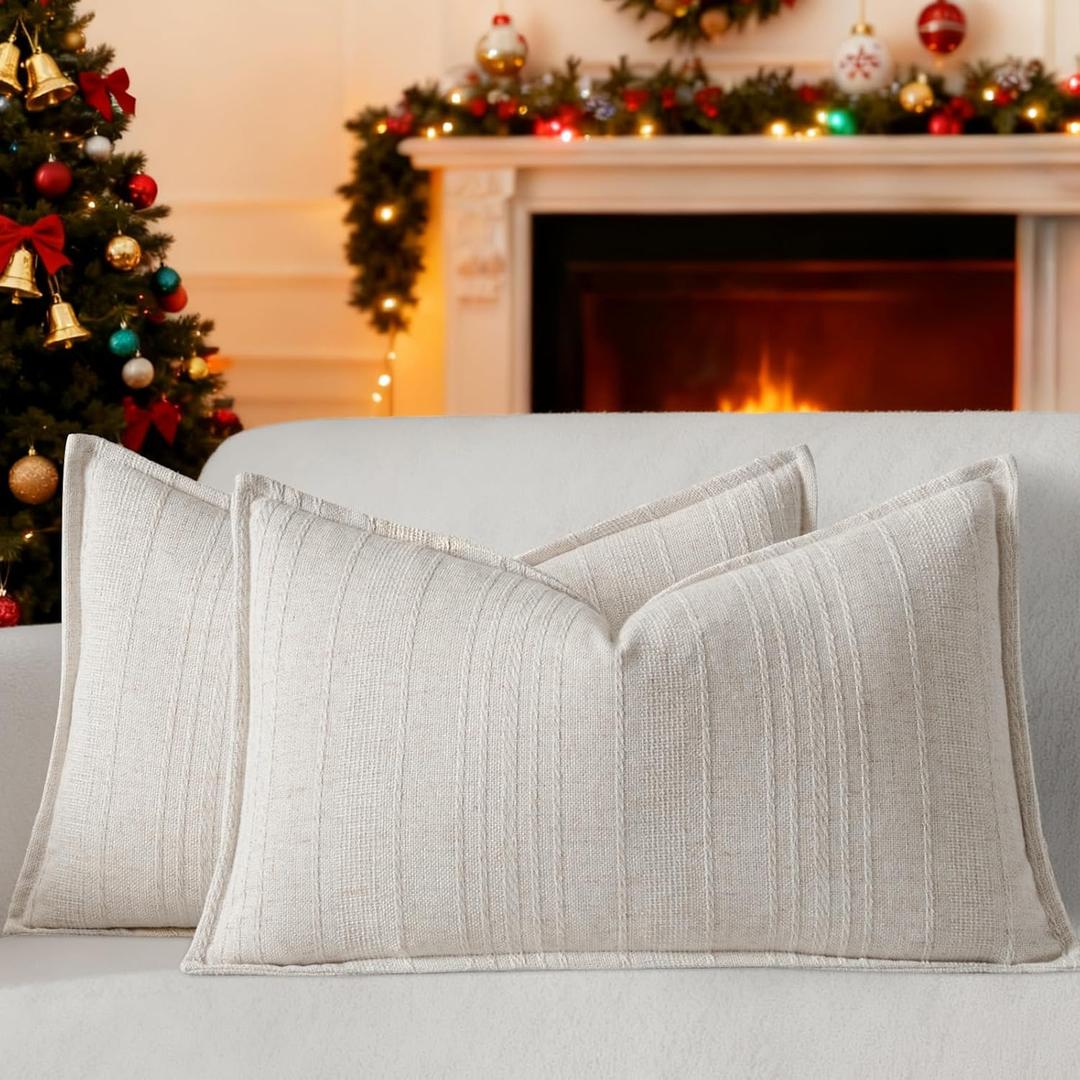 a moment Linen Pillow Covers Set of 2,Boho Farmhouse Throw Pillowcases Neutral Textured Decorative Covers for Couch Sofa Bed,Soft Linen Blend Accent Case Cushion Christmas Home Decor 20"x12"Ivory