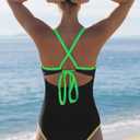 popvil Women One Piece Swimsuit Tummy Control Deep V Neck Neon Cute Bathing Suit Back Tie Swim Suits 2025 Summer (Black, L)