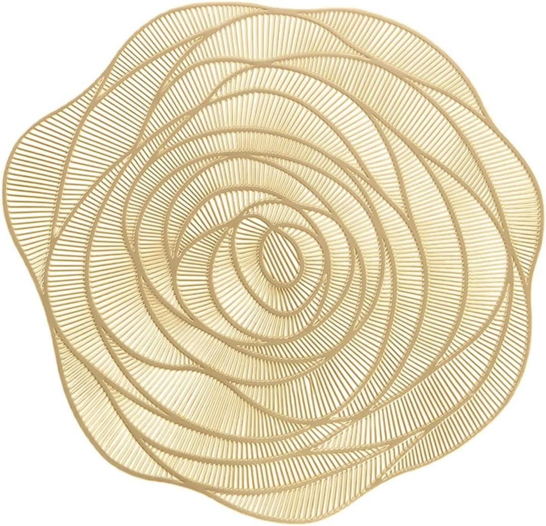 Round Gold Placemats Set of 4 Rose Flower Pressed Vinyl Place Mats Elegant Tablemats Kitchen Table Setting for Wedding Holiday Dining Table Decorative