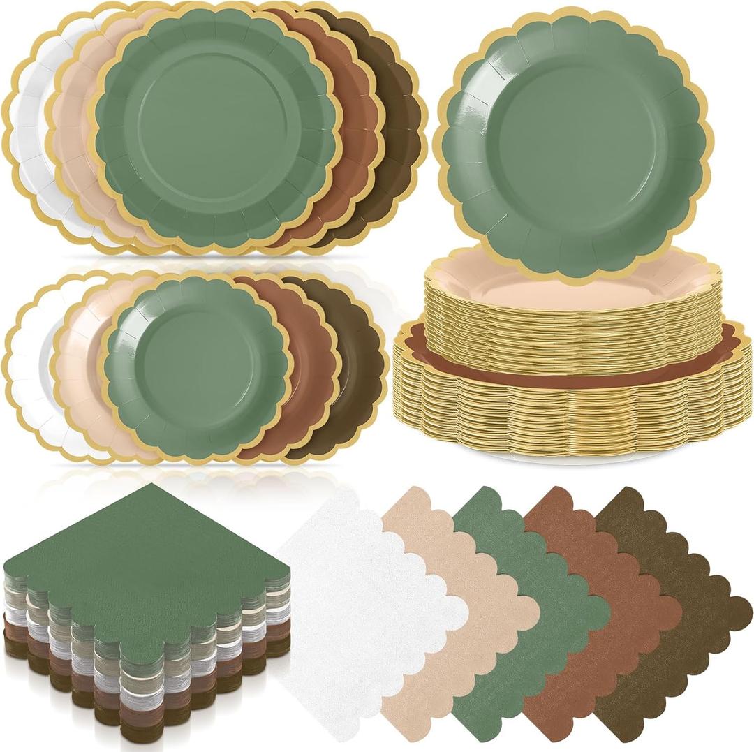 Zhehao 150 Pcs Woodland Plates and Napkins Tableware Serves 50 Includes 9 Inch 7 Inch Green and Brown Scalloped Design Paper Plate and Napkins for Wedding Birthday Baby Shower Party