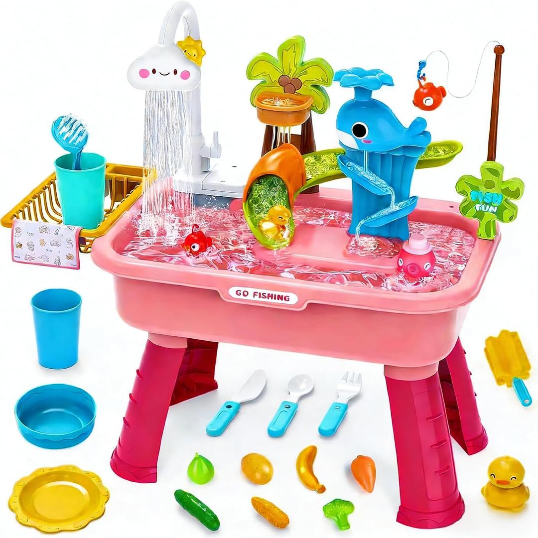 Upgraded Toddler Sand Water Table Toy with Electric Water Pump, Kids Sand Water with Faucet/Play Food Accessories/Fishing Toy, Kitchen Play Sink Toys for Girl Boy Age 3+ (Pink), 21.26"L x 11.42"W x 20.87"H