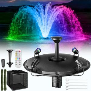 Antfraer Floating Fountain with LED Lights, RGB Pond Fountain with 1600GPH Pond Pump & 50FT Cord, 3 Water Spray Styles Aerator Pump Kit with Remote Control for Ponds, Lakes, Water Garden