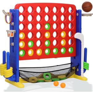 Giant 4 in A Row Game, Height Adjust Jumbo Yard Game Set for Kids & Adults with Mesh Catching Bag, Golf, Basketball Hoop & Ring Toss, 4-to-Score Connect Games for Indoor/Outdoor Fun