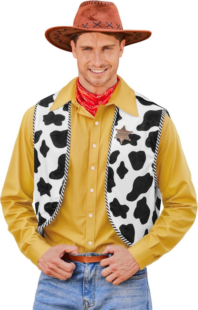 Arvilhill Men Cow Print Vest Open Front Sleeveless Sheriff Woody Costume 3 Piece Set Adult Cowboy Vests 2025 Halloween Cow Graphic Vest Red Scarf Star Police Badge Cosplay Outfit Theme Party, XXXL