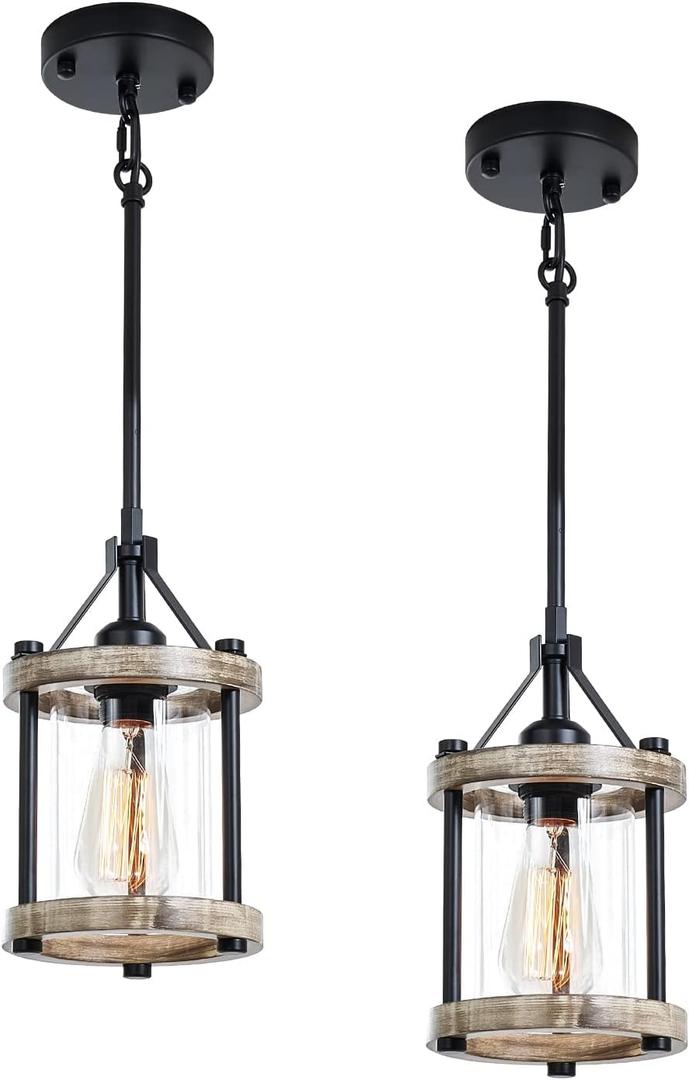 Farmhouse Pendant Light, Rustic White Wood Metal Cage Hanging Light Fixtures with Glass, 43 Inch Adjustable for Flat and Slop Ceiling, Pendant Lighting for Kitchen Island Foyer Hallway, 2 Pack, 6.3 inches x 6.3 inches x 43 inches