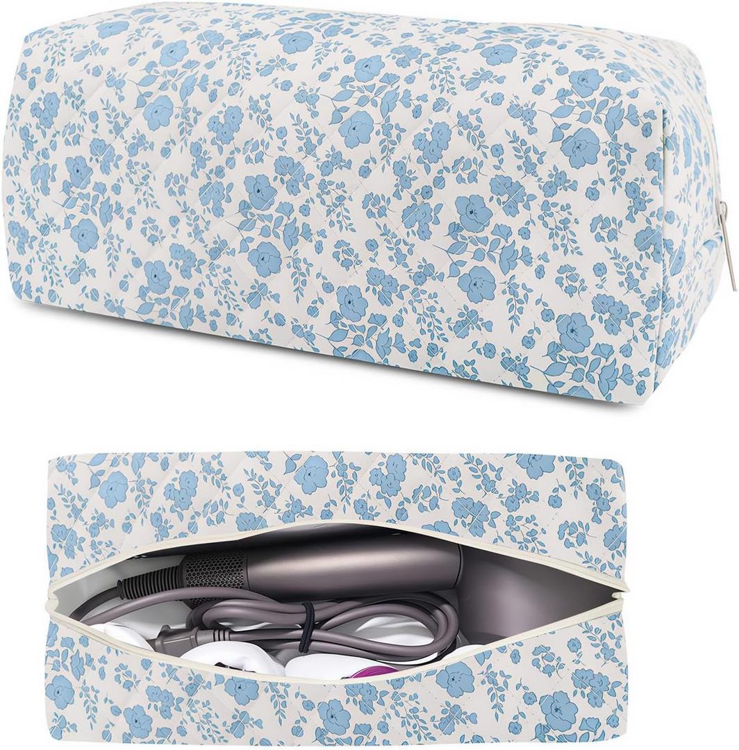 Hair Tools Travel Carrying Bag, Cute Quilted Floral Hair Tools Travel Bag for Shark Flexstyle Carrying Case Portable Shark Air Wrap Dryer Case Flat Curling Iron Organizer for Women (Blue)