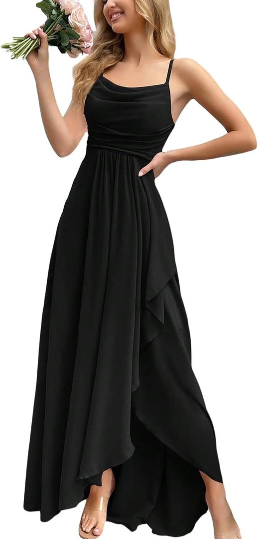 Women's Formal Evening Gown Elegant Long Prom Dress Summer Wedding Guest Party Cocktail Bridesmaid Maxi Dress (Black, L)