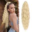 FESHFEN Ponytail Extensions - 26 inch Drawstring Long Curly Wavy Clip in Ponytails Synthetic Hair Piece Pony Tail Hairpieces for Women, Light Blonde