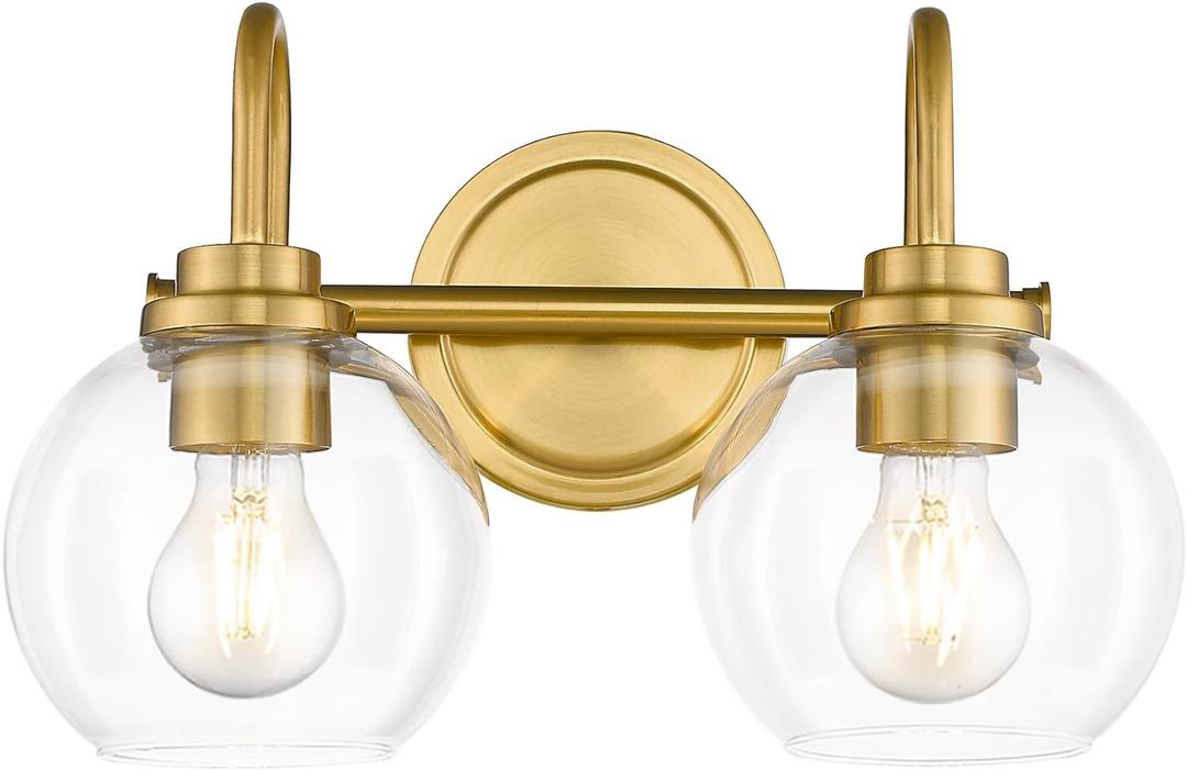 2-Light Brushed Gold Light Fixture, Champagne Bronze Vanity Light with Clear Glass Shade, Brass Bathroom Light Over Mirror for Powder Room Bath, AD-22280-2W-GD (Gold, 2-Light)