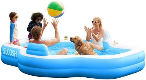 SLOOSH Inflatable Pool for Family with Seats, 120" x 101" x 26" Full-Sized Blow Up Durable Thickened Above Ground Pool with Backrest Cup Holders,Swimming Pools for Backyard Summer Water Lawn, Blue