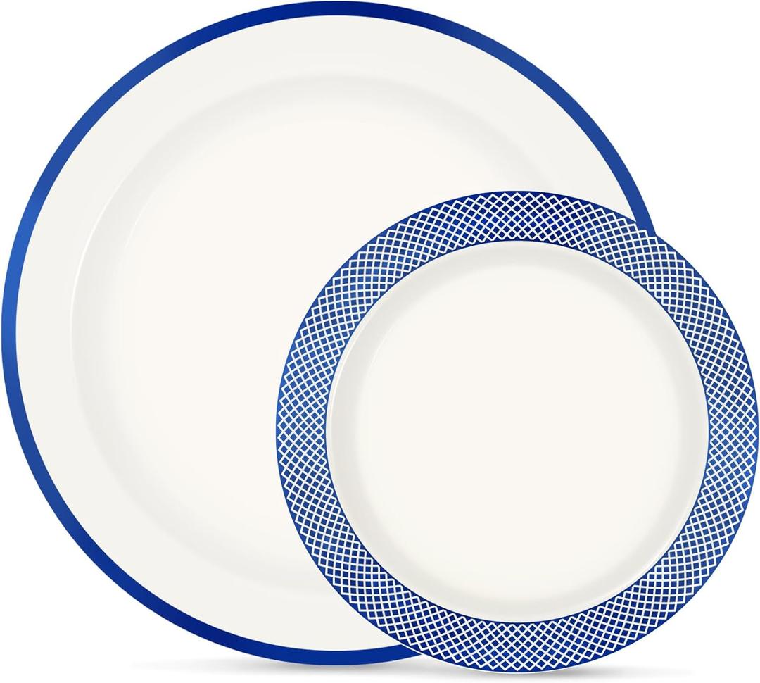 Blue Plastic Plates,Blue Disposable Plates Include 10.25inch Dinner Plates & 7.5 inch Dessert/Salad Plates for Graduation/Wedding/Birthday Holiday Party Decorations (Navy Blue/White)