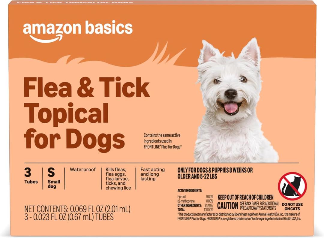 Amazon Basics Preventative Flea and Tick Topical Treatment for Dogs, Small (5-22 lbs), Fast Acting and Long Lasting, 3 Counts 