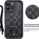 SOKAD for iPhone 16 Pro Max Case, Cute Checkered Checkerboard Pattern Phone Case with Wrist Strap for Girls Women, Slim Soft Silicone Camera Protection Shockproof Case Cover, Black
