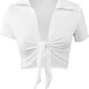LovelyWholesale Sexy Tie Front Tops for Women Summer Collar Neck Crop Top (White, M)