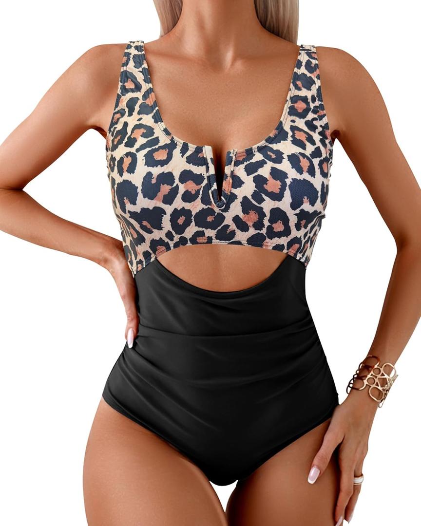HXN Women's One Piece Swimsuit Tummy Control Bathing Suit Color Block Cutout Slimming Swim Suit Swimwear 2025 (M)