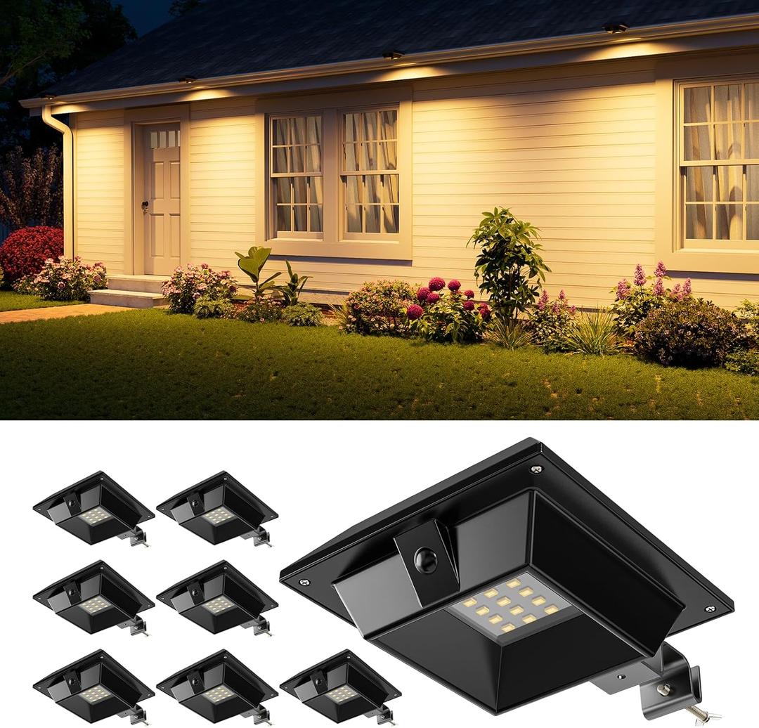 8 Pack Solar Powered Gutter Lights Outdoor Waterproof 12 LED Clip Gutters Light for Eaves, Roof, Rainspout, Fence, Railing, Wall, Garage, House Porch, Deck, Yard, No Drilling Installation(Warm White) (Black Shell)