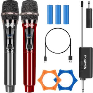 Wireless Microphones, Dual Karaoke Microphone System, Wireless Microphones with Rechargeable Receiver, Cordless Dynamic Mic Micro Set for Singing, Wedding, DJ, Party, Speech,Red Black