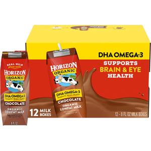 Horizon Organic Shelf Stable 1% Lowfat DHA Omega-3 Chocolate Milk Boxes, Pack of 12 - 8g Protein per Serving (EXP 10/29/25)