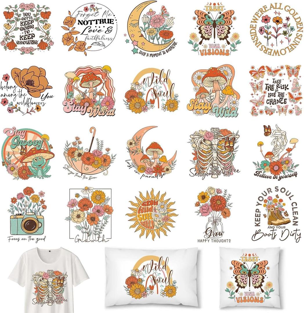 Whaline 20 Sheets Vintage Boho Floral Iron on Stickers Retro Flower Mushroom Butterfly Heat Transfer Vinyl Decals Groovy Hippie Mixed HTV Adhesive Craft Vinyl for Clothing DIY Fabric Decor