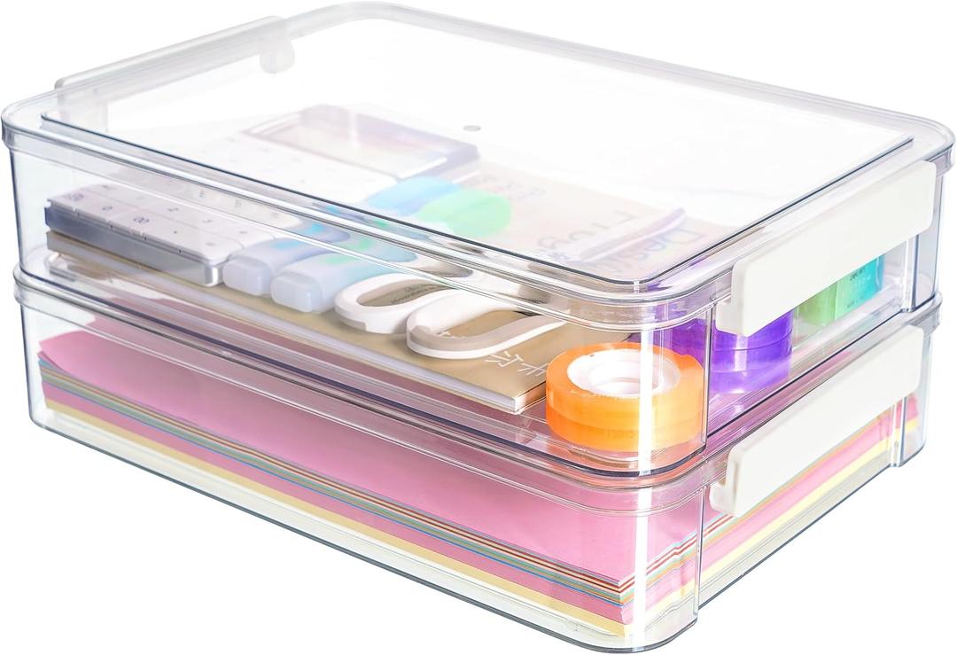 Citylife 2 PCS 6 Qt Plastic Storage Bins with Lids and Latches, Portable Stackable Storage Bins, Clear Plastic File Box for Organizing A4 Paper, Letters, Documents, Art Supplies, and Crafts (2 Packs-Large)