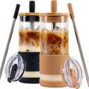Pandaloo Glass Cups With Lids and Straws -20 Fl Oz- Perfect Size Iced Coffee Cup - Smoothie Cup With Bamboo Lid and On the go Lid - Glass Tumbler (2 Count (Pack of 1), Amber Sand-Black Saphir)
