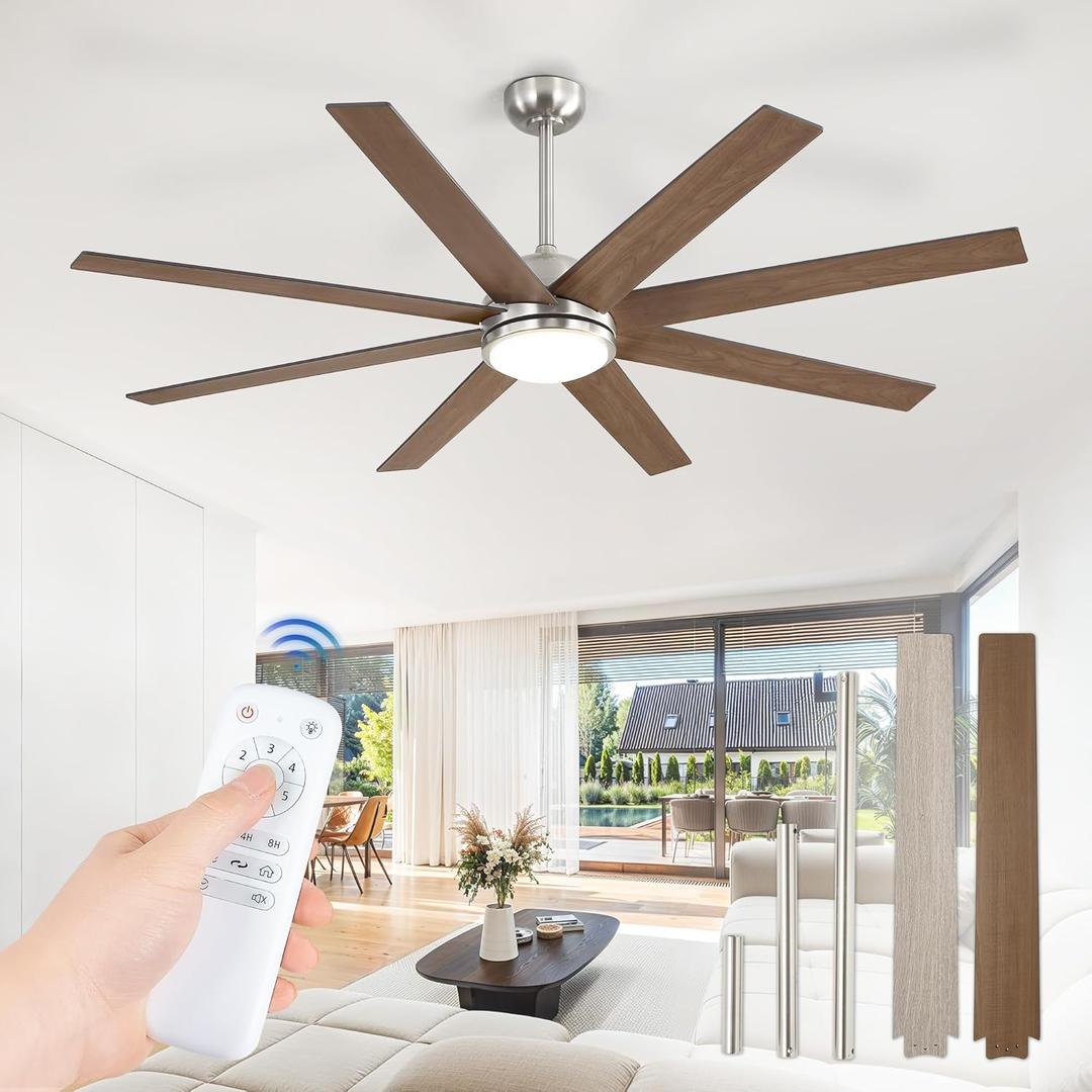 Fanbulous 65 Inch Ceiling Fans with Lights and Remote, Brush Nickel Indoor/Outdoor Ceiling Fan with Quiet Reversible DC Motor, 6 Speeds, 3CCT, 8 Blades Large Ceiling Fan for Living Room Bedroom Patio