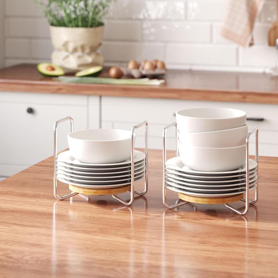 Dish Rack for Kitchen Countertop Organizer - Bamboo Plate Organizer for Cabinet Space Saver, Adjustable Stainless Steel 304 Plate and Bowl Holder with Portable Handle for Drawer Cupboard Shelf RV (2PC*Small, Natural)