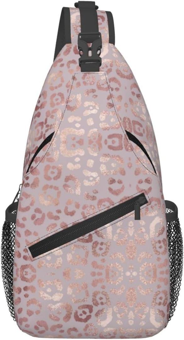 Rose Gold Leopard Print Crossbody Sling Bags Elegant Leopard Skin Texture Foil Effect Sling Backpack for Women Men Casual Shoulder Bag Cute Animal Fur Print Travel Gym Sports Hiking Daypack