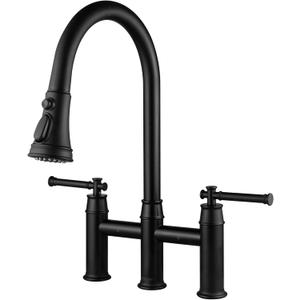 Matte Black Bridge Kitchen Faucet with Pull Down Sprayer, Lava Odoro Transitional Kitchen Sink Faucet 3 Hole 2 Handle Spot-Resistant, Lead-Free, KF501-MB