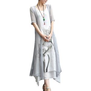 Honwenle Women's Linen Dress 2 Piece Outfit Floral Sleeveless Loose Maxi Summer Dresses with Jacket Formal Casual (3X-Large, Grey)