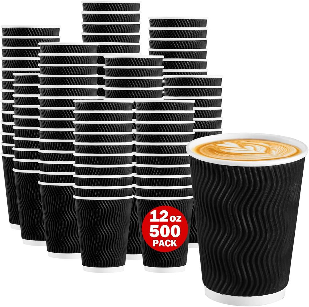 Lamosi Coffee Cups 12 oz 500 Pack, Black Disposable Cups, Corrugated Paper Cups 12 oz, Ripple Wall Insulated Water Cups for Hot Beverage