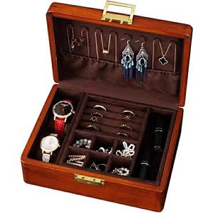 Bescott 2 Layer Solid Wooden Jewelry Box with Lock and Key for Women Men Vintage Velvet Wood Jewelry Organizer Storage for Earrings Rings Necklaces Bracelet Watch Mothers Day Gift (Deep brown velvet)