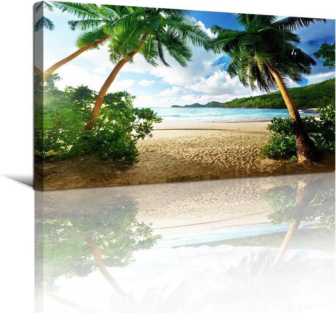 Wall Art Sea Beach Coconut Tree Landscape Picture Print Canvas Wall Art Modern Giclee Artwork Home Decor Stretched and Framed Ready to Hang,2cm Thick Frame, Waterproof Artwork., 40"L x 20"W